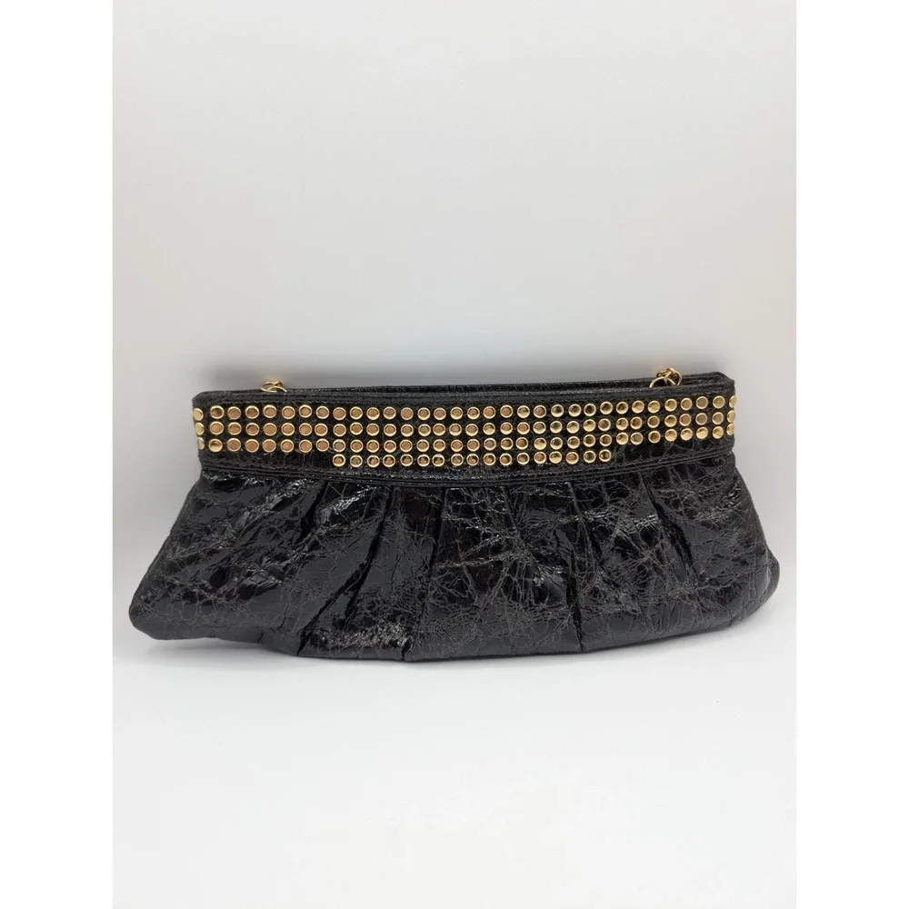 Steve Madden Black Patent Clutch Purse Gold Studded Chain Strap Y2K Evening Bag